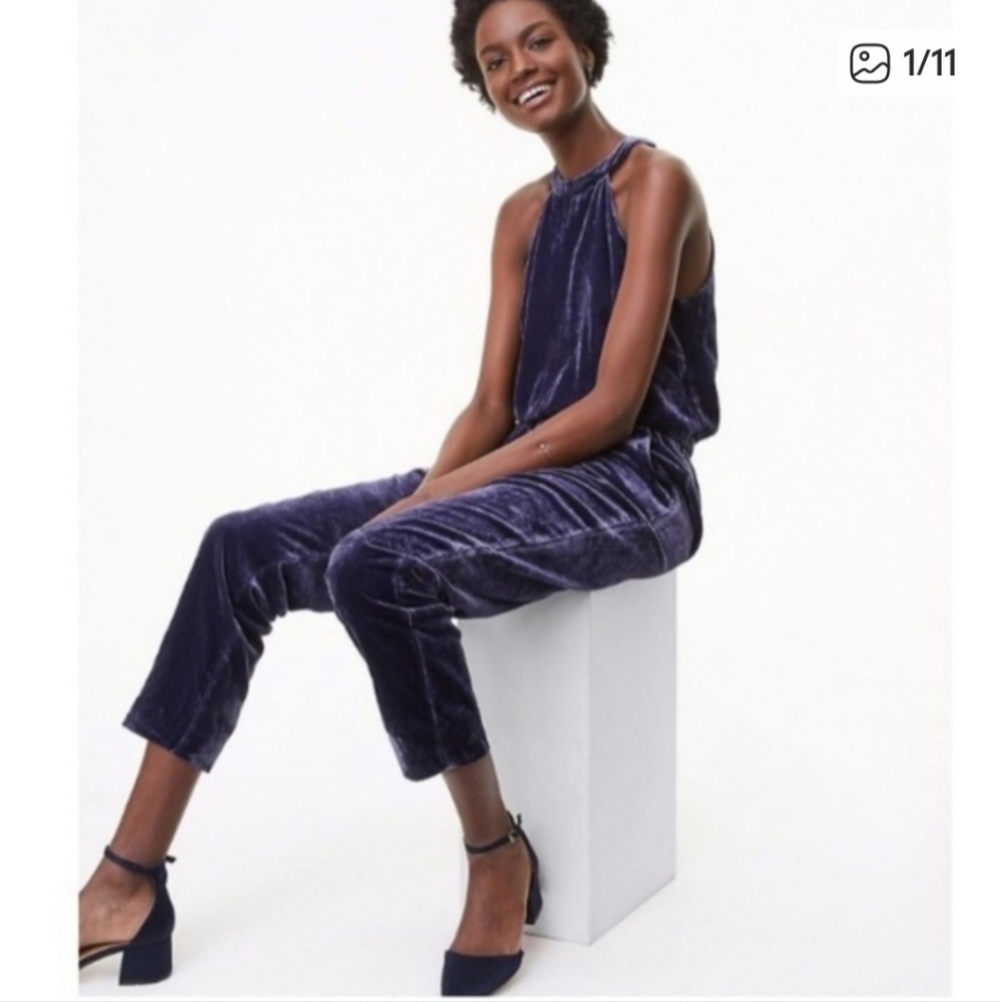 LOFT Velvet Halter Neck Sleeveless Jumpsuit Holiday Party Blue Purple Small - Picture 2 of 16